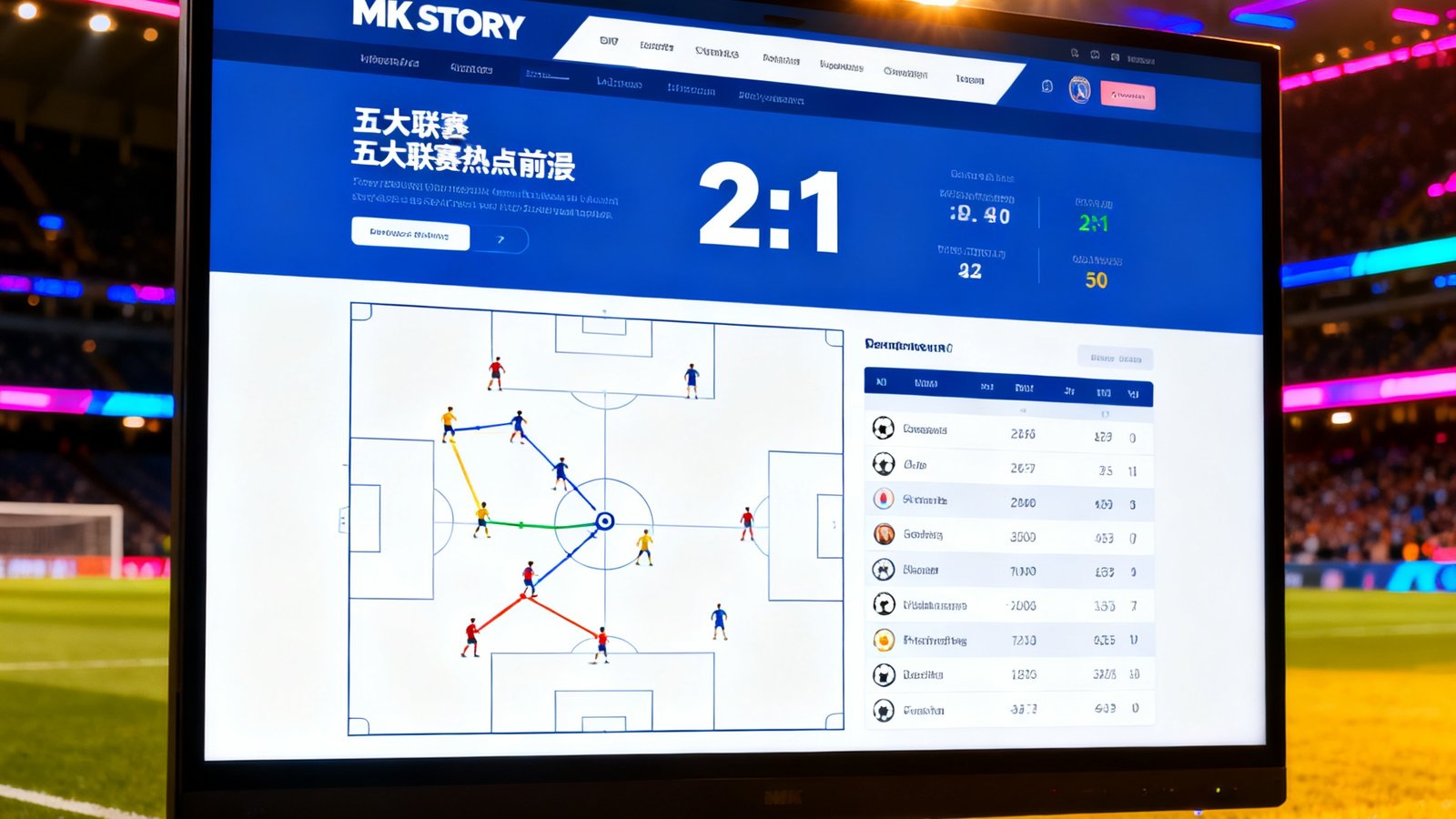 MK体育官网展示五大联赛热点前瞻界面，屏幕显示实时比分与战术分析图表，背景为足球场灯光夜景